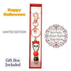 Halloween Rose Gold Rhinestone Beaded Skull Keychain with Gift Box
